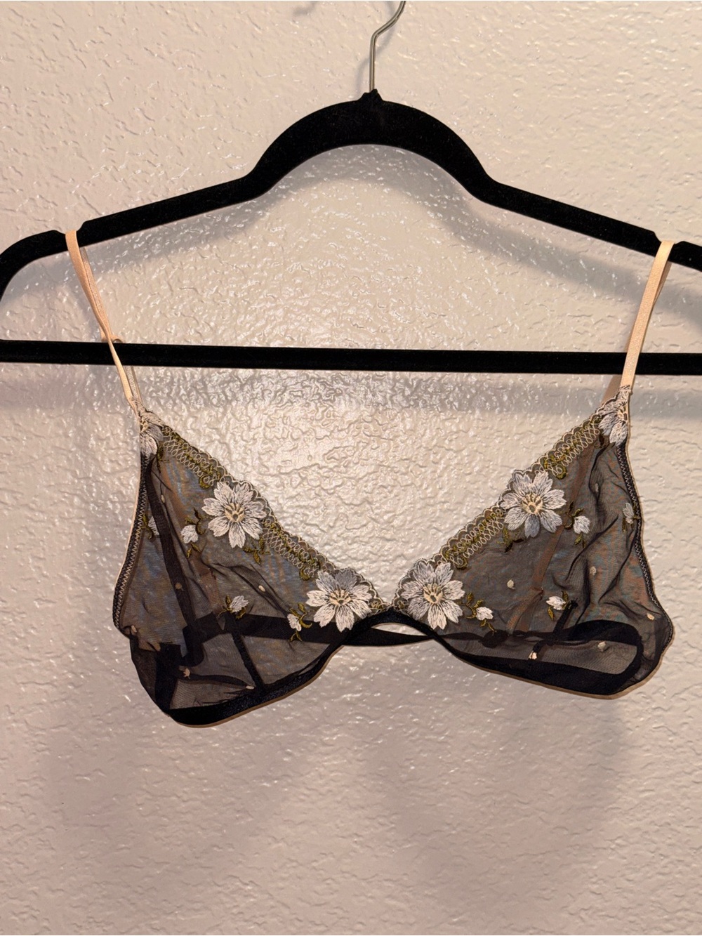 Sheer Embroidered Floral Bralette - Black with White Flowers